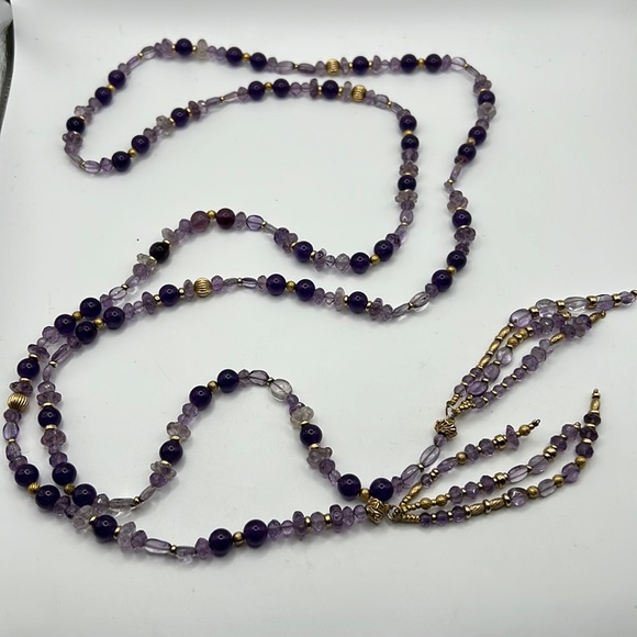 AMETHYST, GLASS, AND GOLD BEAD ARTISAN WRAP NECKLACE 63” - Picture 1 of 11